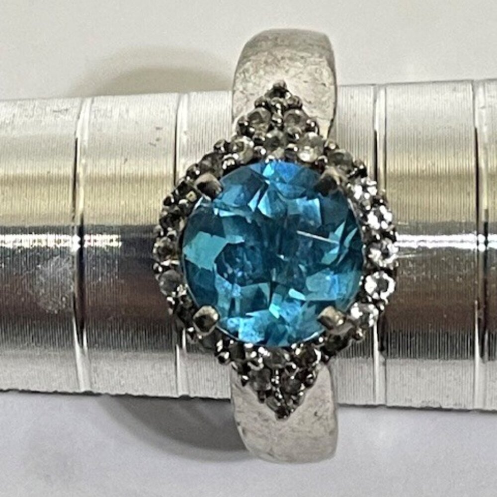 Sterling silver and London blue topaz and moisonnite cocktail ring.
